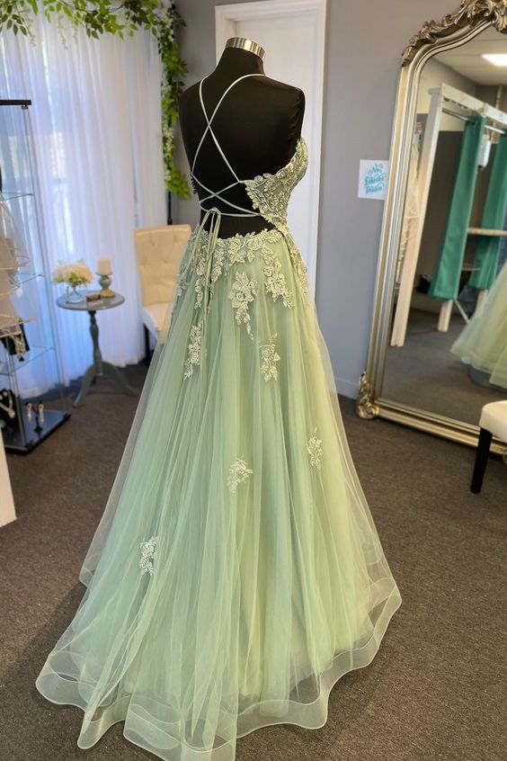 Sage Green Lace Tulle Prom Dress Corset Back with Slit 22w / Custom Color Sage Green Lace Tulle Prom Dress Corset Back with Slit 22w / Custom Color