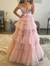 Load image into Gallery viewer, Pink Prom Dress 2024 Off the Shoulder Tiered Tulle