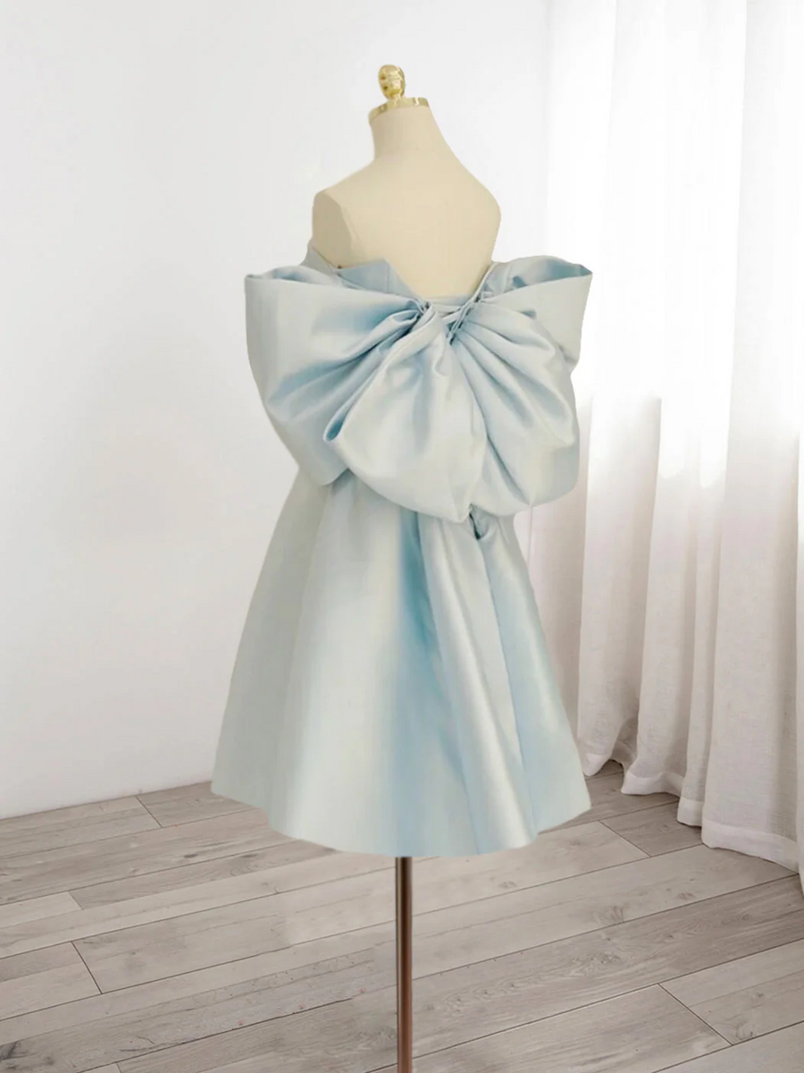 Light Blue Satin Homecoming Dress 2024 Corset Back with Big Bow 20W / Black Light Blue Satin Homecoming Dress 2024 Corset Back with Big Bow 20W / Black
