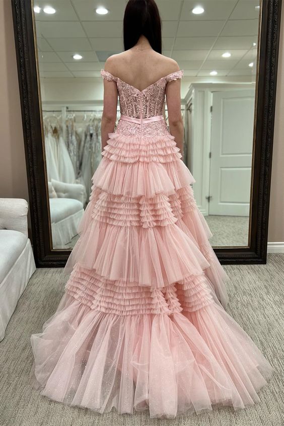 Pink Prom Dress 2024 Off the Shoulder Tiered Tulle – AnnaCustomDress