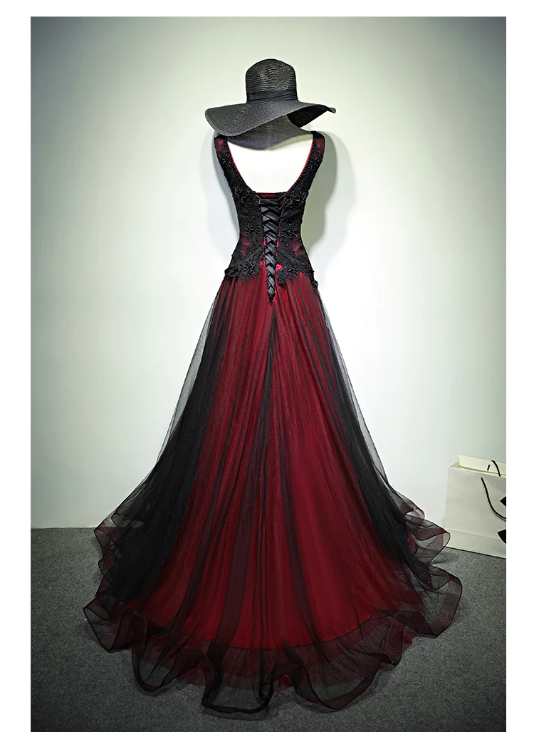Black Lace Tulle Prom Dress 2025 Corset Back with Red Lining 14 / Red, image size:750x1058