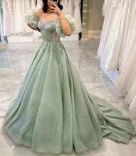 Load image into Gallery viewer, Sage Green Tulle Prom Dress 2024 with Detachable Sleeves