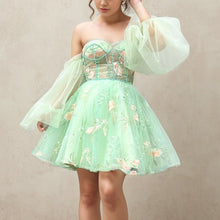 Load image into Gallery viewer, Sage Green Floral Tulle Homecoming Dress 2024 with Long Sleeves
