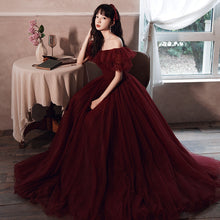 Load image into Gallery viewer, Off-the-shoulder Burgundy Tulle Prom Dress 2025 Corset Back