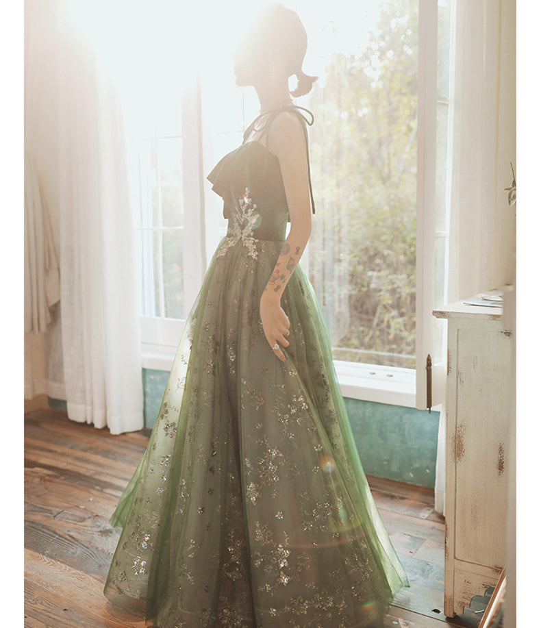 slim fit dress slacks Fairy Green Velvet Tulle Prom Dress 2025 Corset Back 16W / Blue