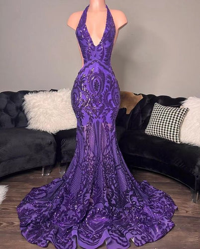 Purple Prom Dress 2024 Halter Neck Sequined Open Back