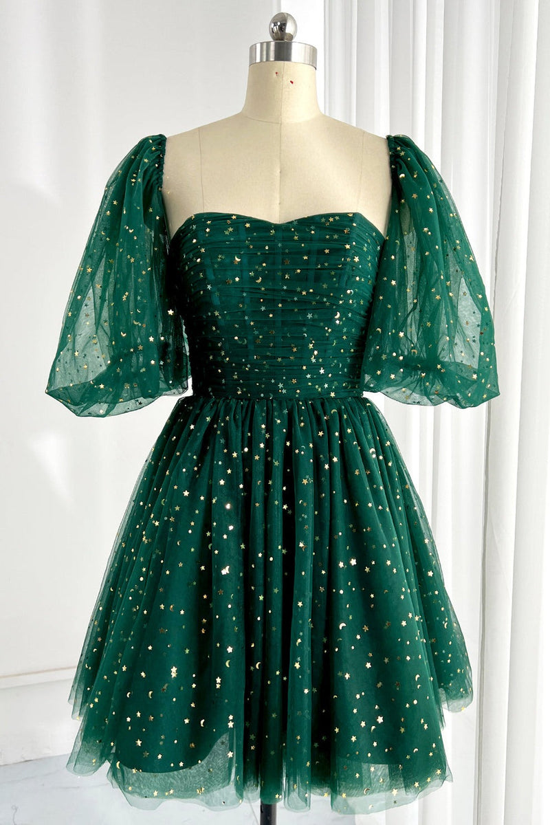 flowy homecoming dresses Dress 2024 Green Star Tulle Short Sleeves 10 / Green in padding for added LIVE 05/08/2026 LW Color:Black / White Rent Roman Blue Dress Knee length