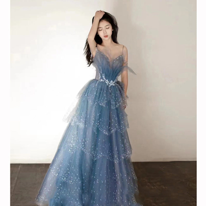 dusty blue flower dress Celestial Tulle Milkmaid Dress