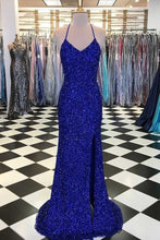 Load image into Gallery viewer, Royal Blue Prom Dress 2024 Halter Neck Sequin with Slit