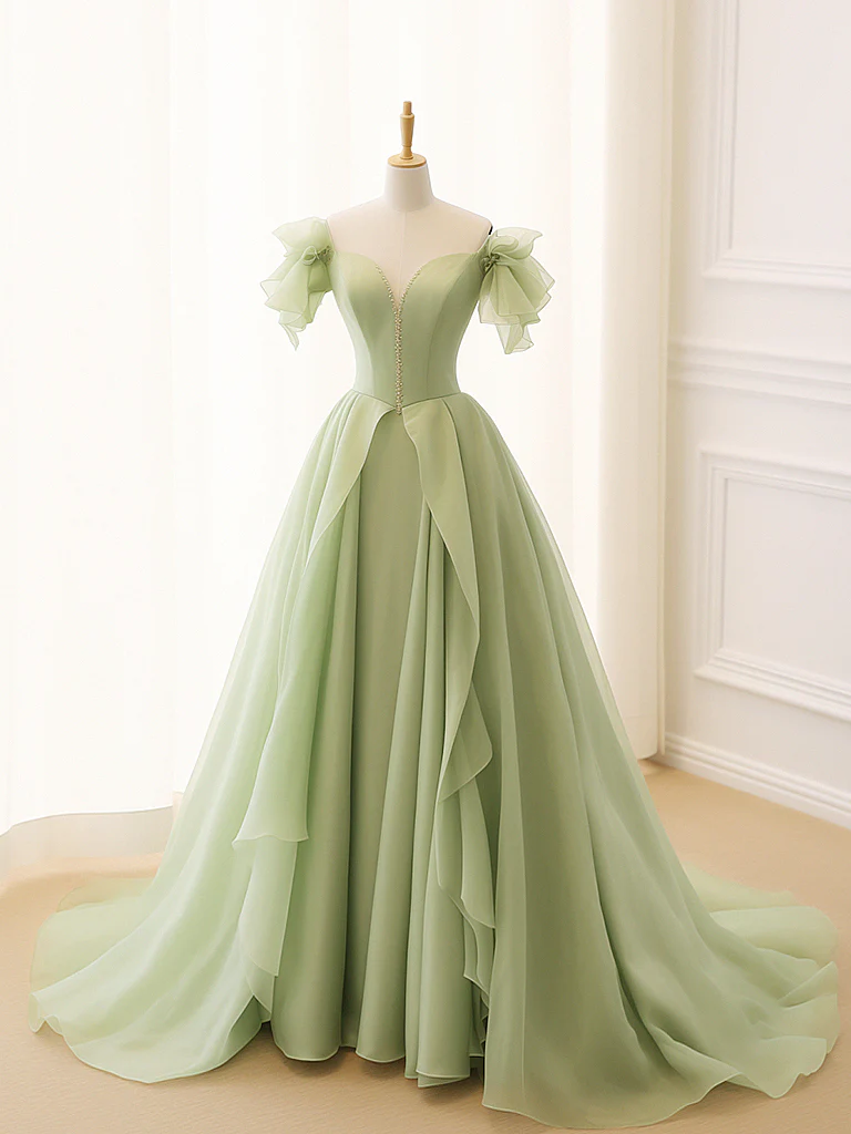 Sage Green Chiffon Prom Dress 2025 Ruffle Sleeves – AnnaCustomDress