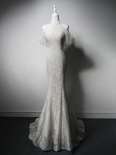 Load image into Gallery viewer, Mermaid Grey Lace Prom Dress 2025 with Large Tulle Bow