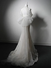 Load image into Gallery viewer, Mermaid Grey Lace Prom Dress 2025 with Large Tulle Bow