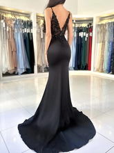 Load image into Gallery viewer, Mermaid Spaghetti Straps Black Lace Prom Dress 2025 with Slit