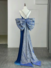 Load image into Gallery viewer, Mermaid Teal Blue Velvet Prom Dress 2025 with Large Bow Tail
