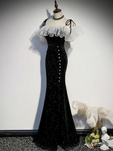 Load image into Gallery viewer, Tied Spaghetti Straps Black Sequin Prom Dress 2025 Corset Back