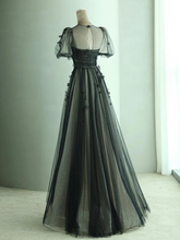 Load image into Gallery viewer, Modest Black Tulle Prom Dress 2025 with Short Sleeves