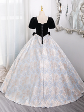 Load image into Gallery viewer, Short Sleeves Floral Jacquard Prom Dress 2025 Corset Back