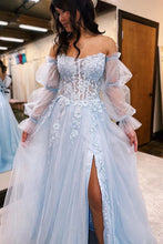 Load image into Gallery viewer, Light Blue Prom Dress 2024 Off the Shoulder Tulle with Long Sleeves