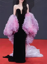 Load image into Gallery viewer, Strapless Black Velvet Prom Dress 2025 with Floral Sleeve Cape