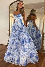 Load image into Gallery viewer, Strapless Blue Floral Prom Dress 2025 Corset with Slit