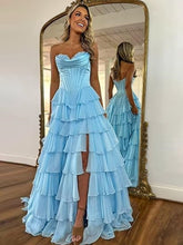 Load image into Gallery viewer, Strapless Blue Chiffon Prom Dress 2025 Cascading with Slit