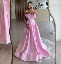 Load image into Gallery viewer, Strapless Pink Satin Prom Dress 2025 with Bow