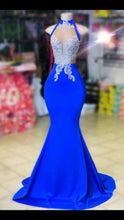 Load image into Gallery viewer, Royal Blue Prom Dress 2024 Halter Neck Lace Appliques Mermaid