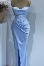 Load image into Gallery viewer, Spaghetti Straps Blue Satin Prom Dress 2025 with Slit