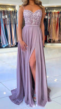 Load image into Gallery viewer, Purple Prom Dress 2024 Spaghetti Straps Beaded Chiffon with Slit