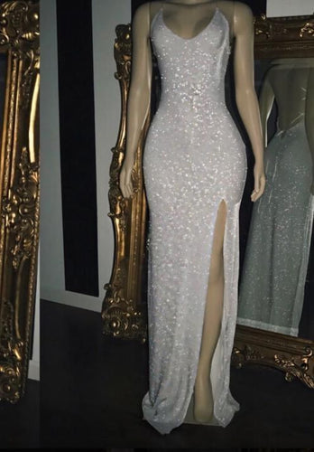 White Prom Dress 2024 Spaghetti Straps Sequin with Slit Corset Back