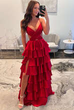 Load image into Gallery viewer, Red Prom Dress 2025 Cascading Skirt with Slit