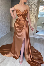 Load image into Gallery viewer, Strapless Brown Prom Dress 2025 with Slit Draping