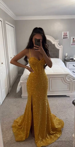 Gold Prom Dress 2024 Spaghetti Straps Sequin with Slit