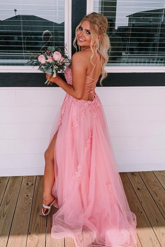 Pink Lace Tulle Prom Dress 2025 Corset Back 10 / Custom Color
