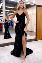 Load image into Gallery viewer, Mermaid Black Sequin Prom Dress 2025 Corset Slit Feathers