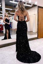 Load image into Gallery viewer, Mermaid Black Sequin Prom Dress 2025 Corset Slit Feathers