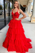 Load image into Gallery viewer, Red Sparkly Tulle Prom Dress 2025 Cascading Skirt Corset Back