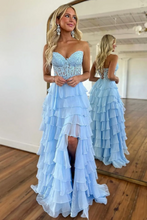Load image into Gallery viewer, Strapless Blue Lace Chiffon Prom Dress 2025 Slit Cascading Skirt Corset Back