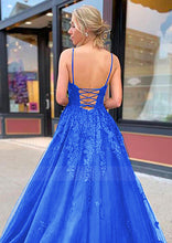 Load image into Gallery viewer, Spaghetti Straps Royal Blue Tulle Lace Appliques Prom Dress 2025 Corset Back