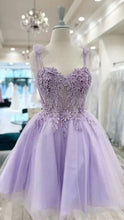 Load image into Gallery viewer, Lilac Prom Dress 2024 Short Spaghetti Straps Tulle Lace Appliques