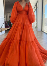 Load image into Gallery viewer, Orange Tulle Prom Dress 2025 with Long Sleeves
