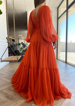 Load image into Gallery viewer, Orange Tulle Prom Dress 2025 with Long Sleeves