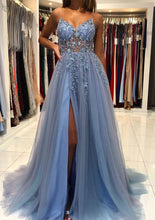 Load image into Gallery viewer, Spaghetti Straps Beads Appliques Prom Dress 2025 with Slit