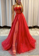Load image into Gallery viewer, Red Sparkly Tulle Prom Dress 2025 with High Slit