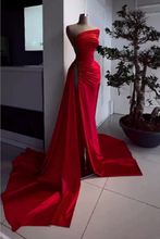 Load image into Gallery viewer, One-shoulder Red Satin Prom Dress 2025 with High Slit