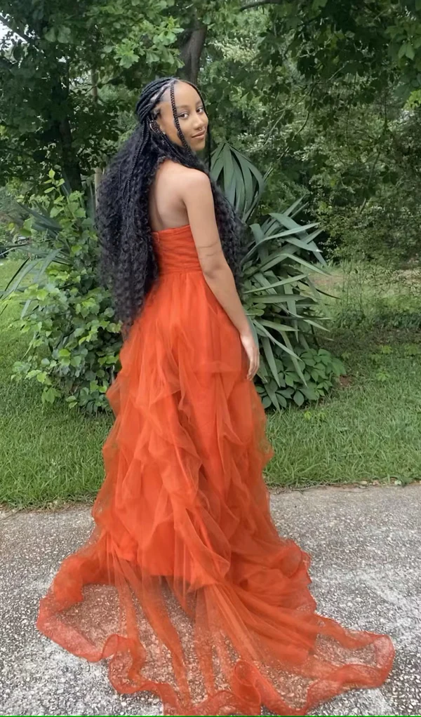 strapless open back dress Strapless Burnt Orange Tulle Prom Dress 2025 with Slit – AnnaCustomDress