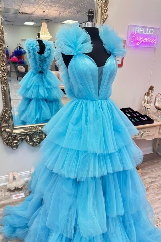 Blue Prom Dress 2024 Princess V Neck Sleeveless Tulle AnnaCustomDress