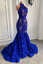 Load image into Gallery viewer, Royal Blue Prom Dress 2024 Halter Neck Sequin Mermaid