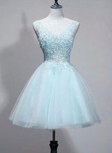 Load image into Gallery viewer, Light Blue Homecoming Dress 2023 Short V Neck Tulle Lace Appliques