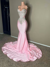 Load image into Gallery viewer, Pink Prom Dress 2024 V Neck Sleeveless Satin Mermaid